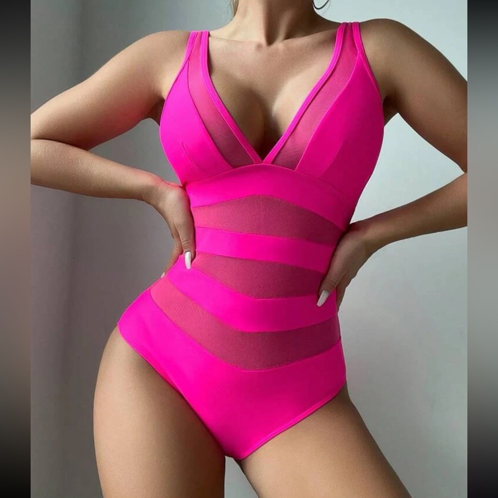 Contrast Mesh Plunging Neck One Piece Swimsuit Bikini Hot Pink